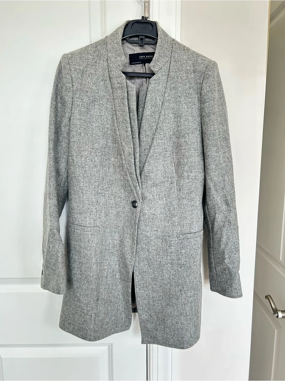 Zara Light Gray Wool Textured Blazer - Single-Button